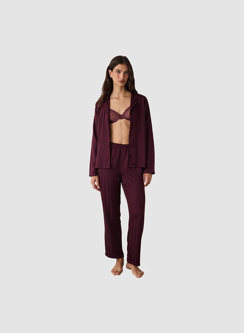 بنتي Striped Satin Shirt Collar Pajama Set